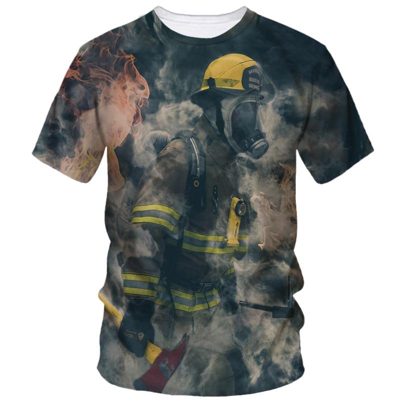 Firefighter Pattern Print Tough Guy Style T-shirts Summer Men's Short Sleeve T-Shirt Street Personality Creative Fashion Loose Casual Top