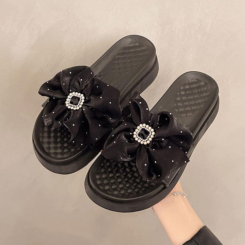 High-end Bow Cool Slippers Women Wear Summer Internet Celebrity Fashion Muffin Heel Thick-soled Heightening Non-slip Beach Shoes