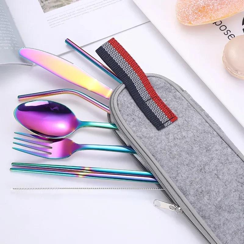 Portable 304 Stainless Steel Korean Knife, Fork, Spoon, Chopsticks and Straw Tableware Set for Travel - Folding Tableware
