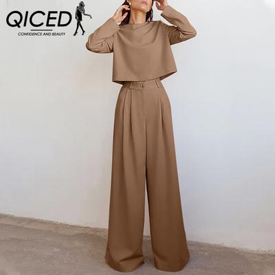 Yüksek Kaliteli Moda Her Mevsim Kadın Seti, Kısa Üst, Düz Renk Geniş Paça Pantolon