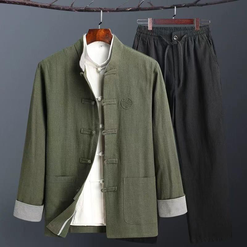 Men's Retro Chinese Tang Suit: Spring/Autumn Cotton Linen 3-Piece Set with Long Sleeve Frog Button Hanfu Coat