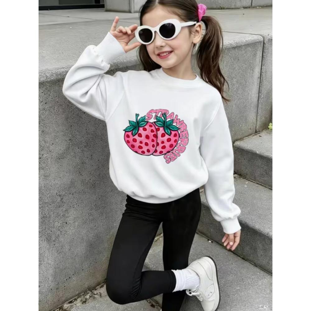 Girls' Cute Strawberry Casual Comfortable Soft Loose Pullover Sweatshirt and Leggings 2-Piece Set, New Autumn/Winter, Playful, Sweet and Cool Style