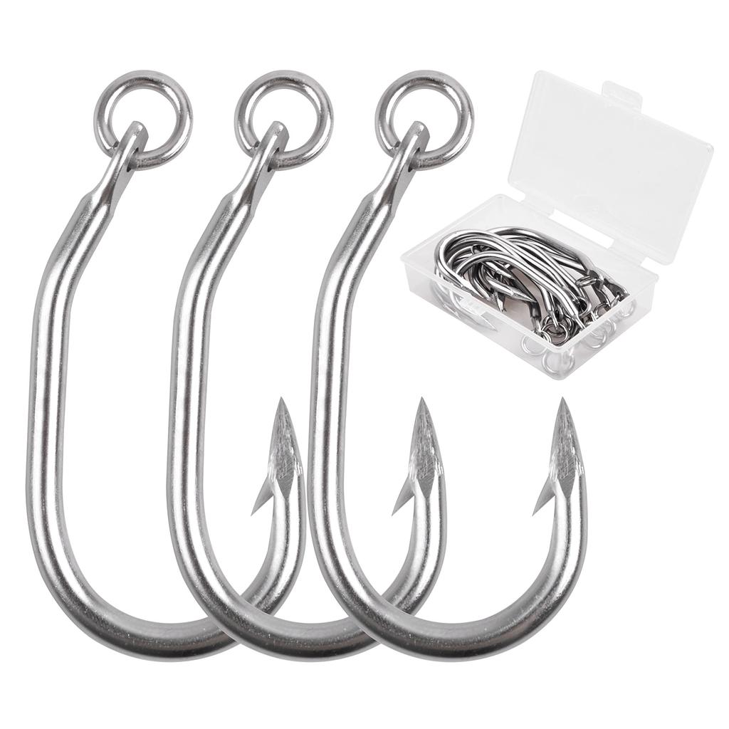 Pack of 10 Stainless Steel Fishing Hooks with Rings for Tuna and Yellowfin Longline Trolling Hooks with Triple Strengthened Thick Wire for Large Game