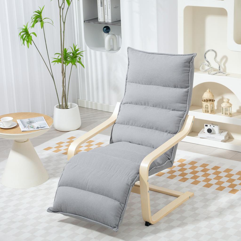 Lounge Chair Made of Birch Wood, Upholstered Armchair with Adjustable Footrest, Modern Armchair, Light Gray