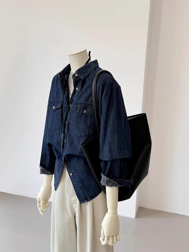 

CHAO-Level Autumn Korean Dark Blue Denim Shirt Jacket - Soft Washed Workwear Style Small