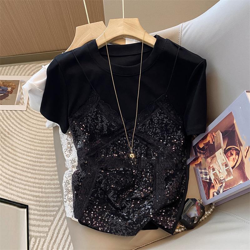 White Lace Camisole Patchwork Short Sleeved Shirt Women's Summer Small Versatile