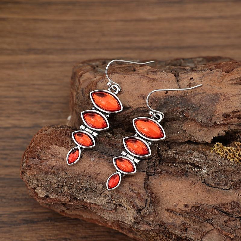 Vintage Round Oval Inlaid Red Stone Earrings Geometric Creativity Silver Color Dangle Earrings for Women Jewelry