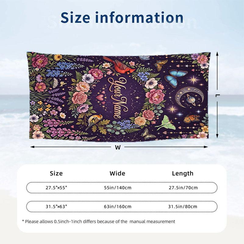 Floral Garden Theme Beach Towel Personalized Custom Name & Text Soft Quick Dry Beach Towel for Swimming Travel