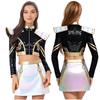 Womens Halloween Cosplay Outfit Long Sleeve Rivet Shoulder Boards Front Zip Sequined Crop Jacket Metallic Shiny Mini Skirt