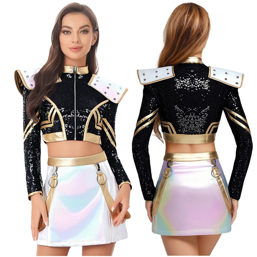 Womens Halloween Cosplay Outfit Long Sleeve Rivet Shoulder Boards Front Zip Sequined Crop Jacket Metallic Shiny Mini Skirt