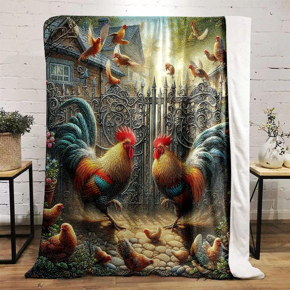 "Colorful Roosters In Garden Scene" Patterned Flannel Blanket Perfect for the Bedroom Living Room, Sofa, or a Little Nap