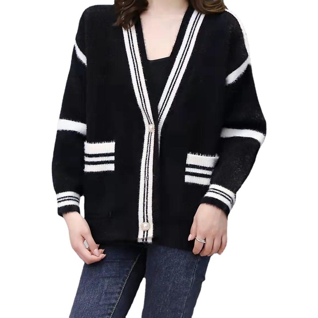 New Spring and Autumn Lazy Wind Imitation Mink Fleece Sweater Cardigan Women's Loose Casual Knitted Sweater Jacket