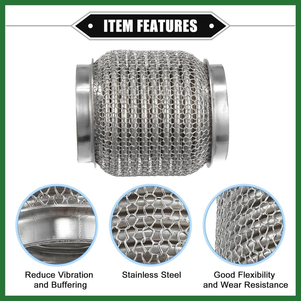 Motoforti Car Exhaust Flexible Pipe, 63x102mm 2.48"x4.02" Exhaust Flex Connector Pipes Bellows Universal for Car Durable Stainless Steel Silver Tone