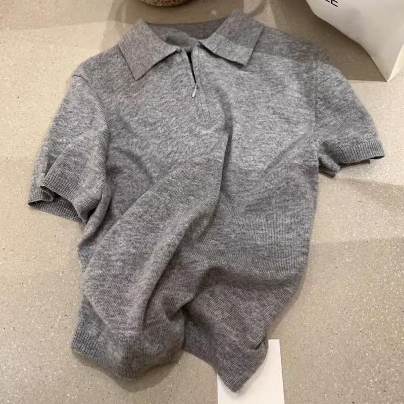 Solid Color Knitted Sweater Short-sleeved Women, Summer New Small Short Zipper Lapel Top Thin