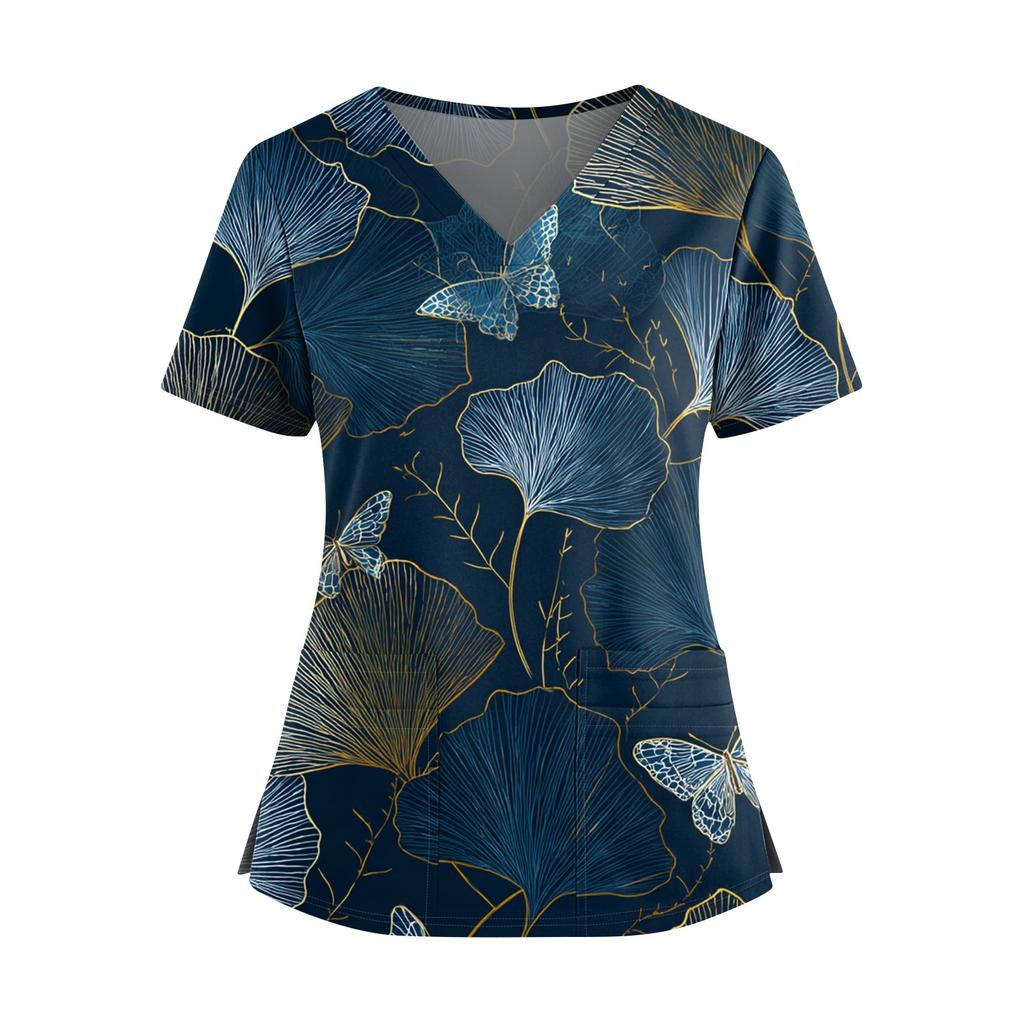 Ladies' Fashionable Floral Print V-neck Double Pocket Short Sleeved Shirt With Slit Hem And Protective Worker's Top