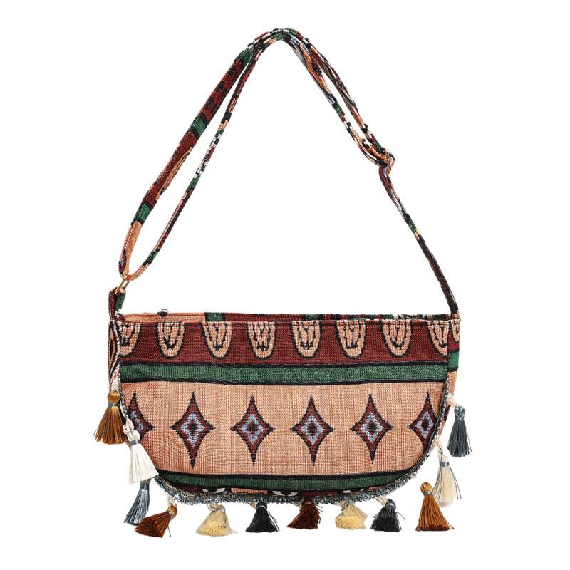 Vintage Ethnic Style Tassel Shoulder Bag With Water Dumpling Shape For Daily Use