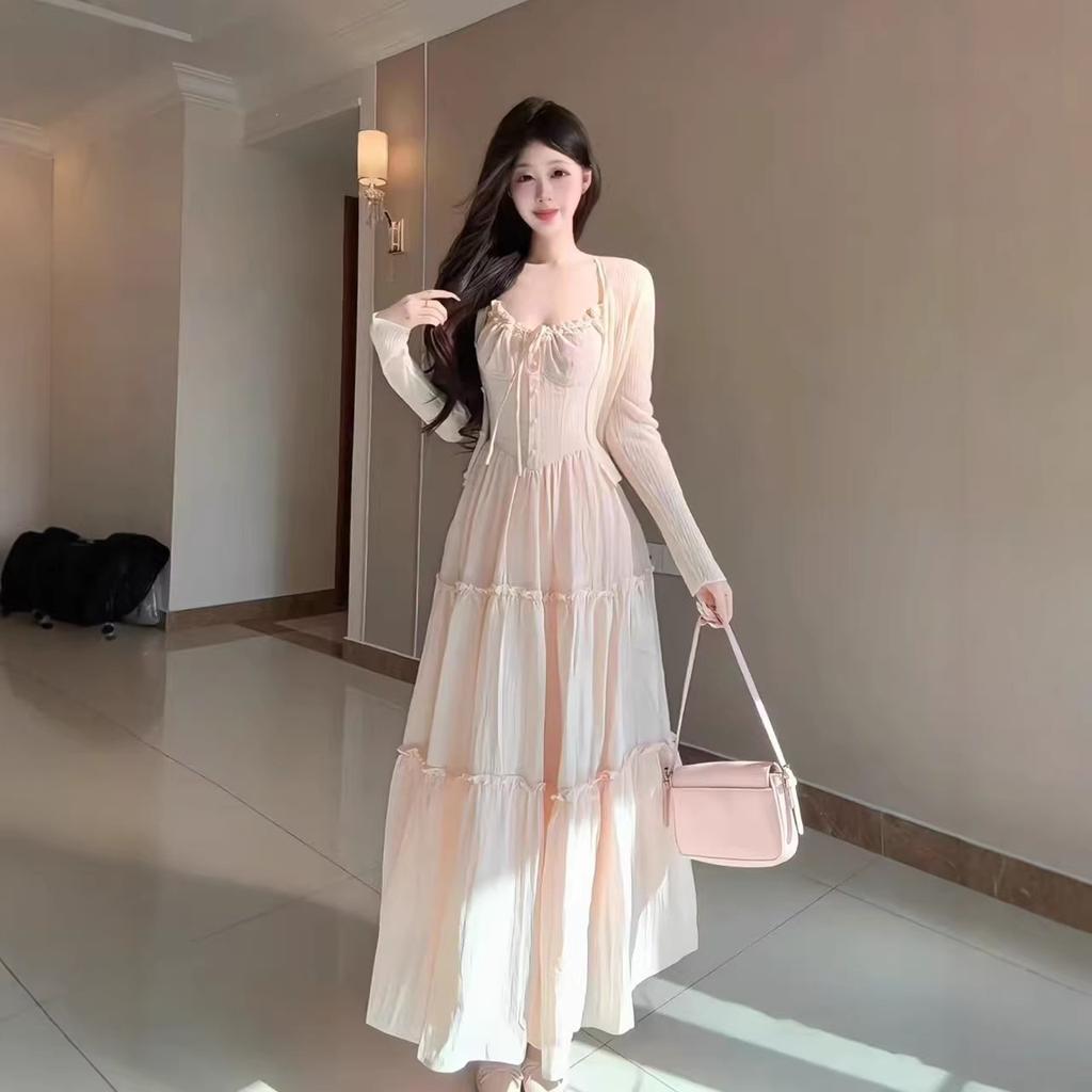 French Romantic Lace Splicing Pink Suspender Dress Women's Summer New Sweet and Gentle Temperament Long Dress