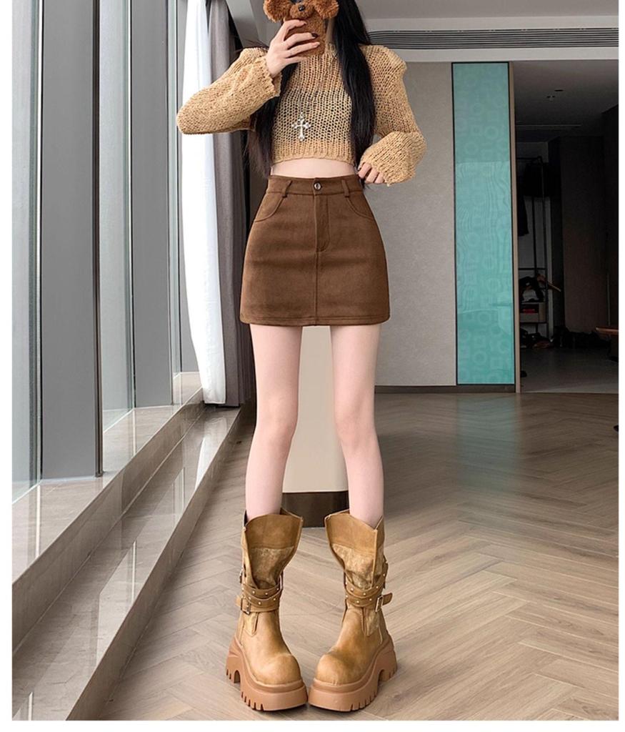 Plus Size Brown Suede A-line High Waist Slimming Skirt for Women, Spring/Autumn