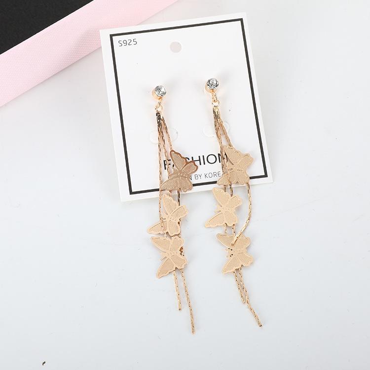 Lan Zhi Hai S925 Sterling Silver Needle Korean Butterfly Tassel Long Versatile Dangle Earrings
