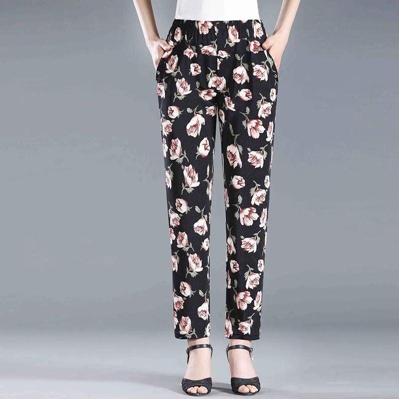 WTEMPO Elastic High Waist Thin Printed Women's Spring Summer Ice Silk Wide Leg Pants Mother's Loose Cropped Pants