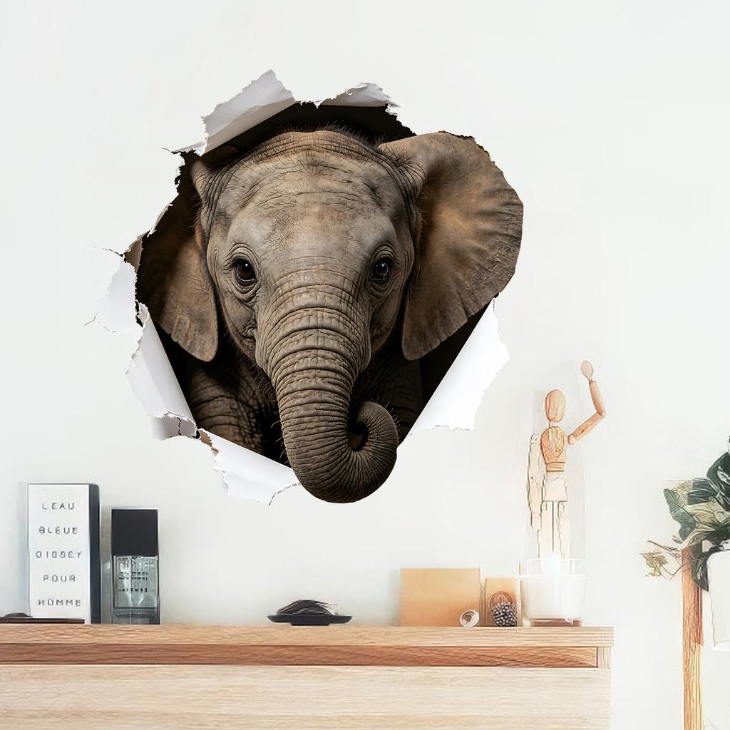 Realistic Torn Paper Hole Elephant Self Adhesive Wall Sticker No Residue for Bedroom Living Room Wall Decor