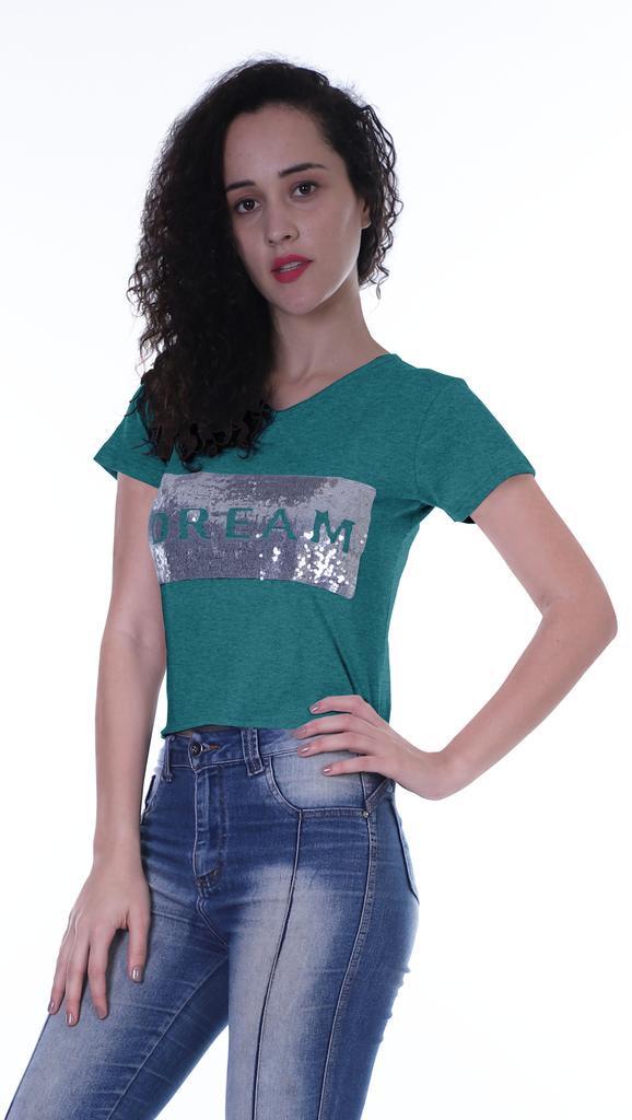 Moomaya Womens Short Sleeves V Neck Tshirt Top w  Sequin Patch ShortTee Summer