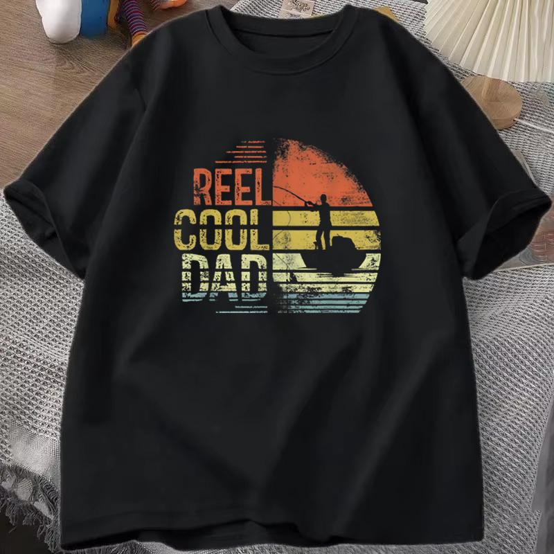 Fishing Dad T‑shirt "Reel Cool Dad" Retro Sunset Fisherman Design Casual Short Sleeve Mens Tee Fathers Day Gift Fishing Tee Top
