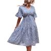 2025 New Summer Fresh and Sweet Wind Print V-neck Blue Dress