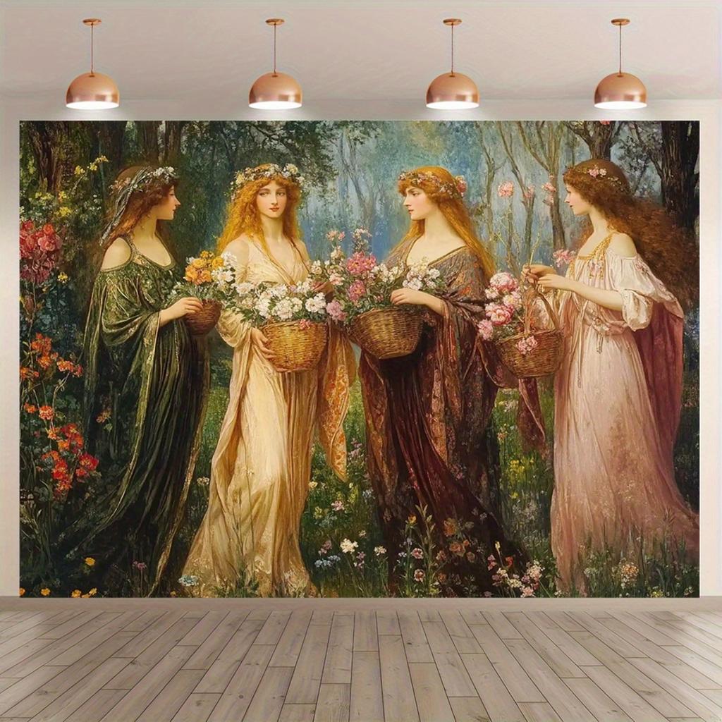 Four Seasons Women Garden Art Tapestry Floral Dress Wall Hanging Vintage Painting Home Decor Romantic Living Room Art Print