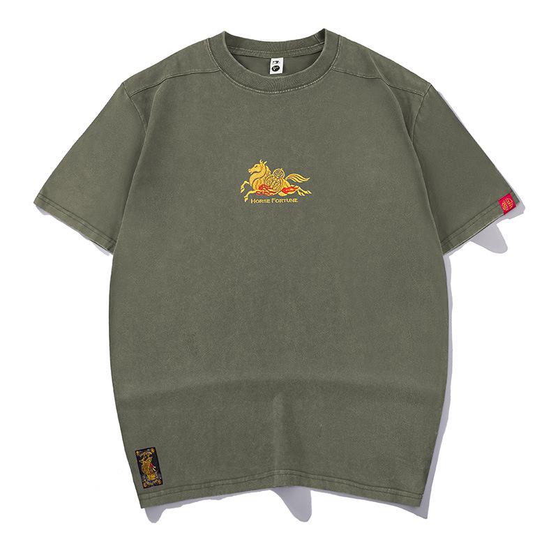 Cross-border Year of the Horse National Tide Embroidered Round Neck Short Sleeve Trendy Heavyweight Loose Fit Chinese Style Men's Spring-Summer Tee