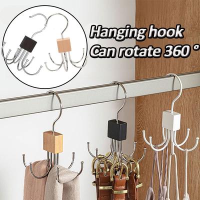 360° Rotating Storage Hanger Hook Multi-Claw Bag Metal Belts Rack Wooden Organizer For Bras Ties Scarves Household Closet