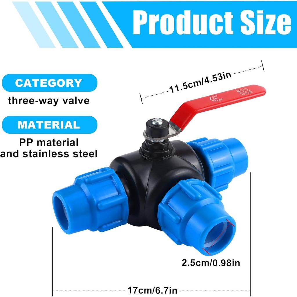 PP Fitting, Clamp Connector, 3-way Ball Valve, 3-way Lever Handle, Ball Valve for PE Pipe, with Valve (T-piece, 25 Mm)