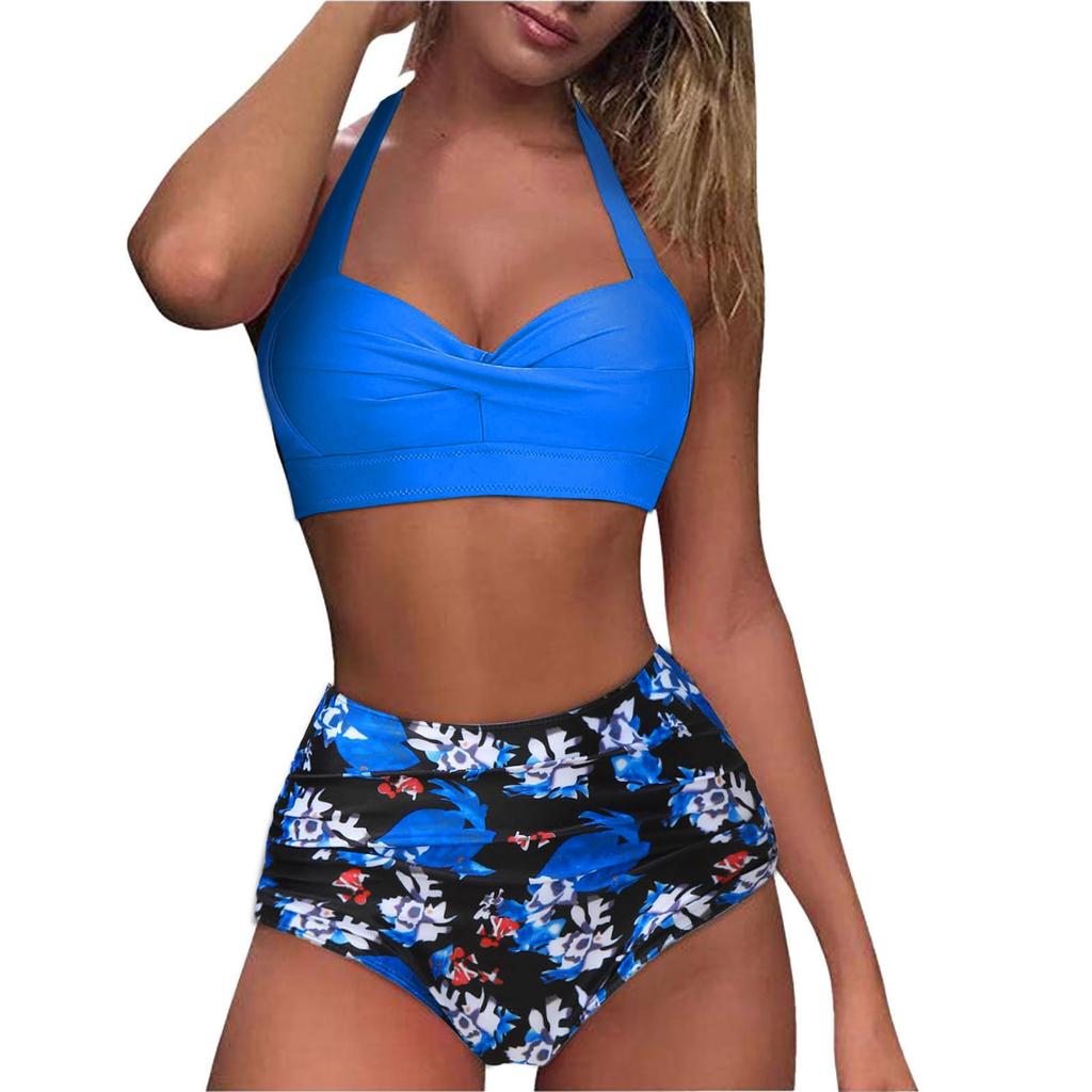 Women Vintage Swimsuit Two Piece Retro  Ruched High Waist Print Bikini Set