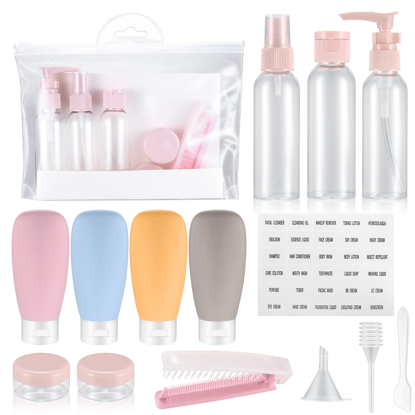 

14pcs 60ml Travel Bottles Set - Refillable Toiletry Containers (Blue/White/Pink) Plastic