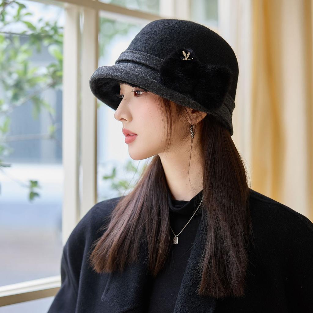 Bucket Hat Women's Autumn and Winter Ear Protection Warm Basin Hat Retro Elegant Top Hat
