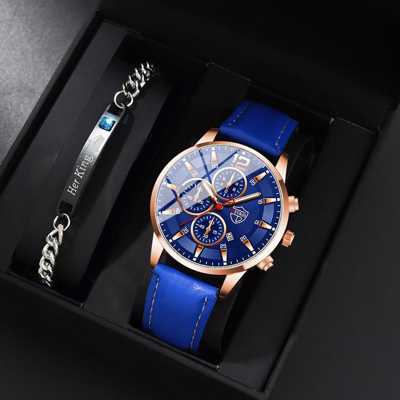 

Набор из 2 шт. DEYROS, новые мужские часы, модные мужские часы с кожаным ремешком и календарем, мужские деловые кварцевые часы, подарок для мужчин