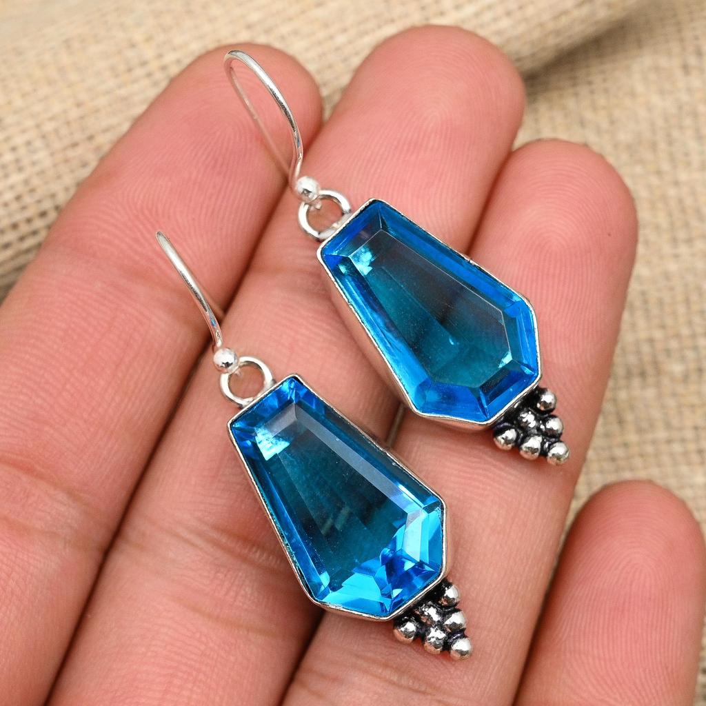 Charming Blue Topaz Gemstone Handmade 925 Sterling Silver Earring Jewelry
