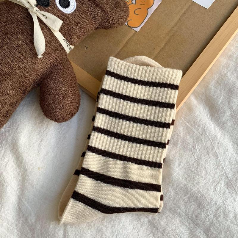 Striped Pile Pile Socks for Women, Mid-calf, Autumn and Winter, Pure Cotton Sweat-absorbing Women's Socks, School-style Retro Socks, Cotton Socks