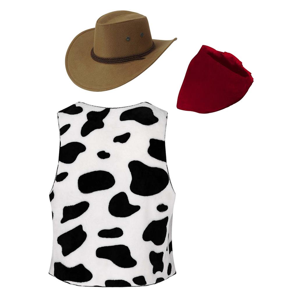 3pcs Mens Western Cowboy Cosplay Costume Suit Sets Cowboy Hat Cow Printed Flannel Waistcoat and Print Bandanna for Halloween Party