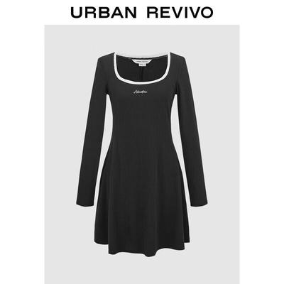 UR 2025 Spring Collegiate Color-Block Letter Long Sleeve Dress