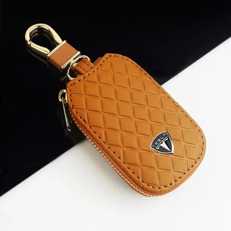 

Car Sticker Tesla Leather Car Key Chain Keyrings Cover Case Purse for Tesla Model 3 ModelS ModelX ModelY Cybertruck Storage Exte