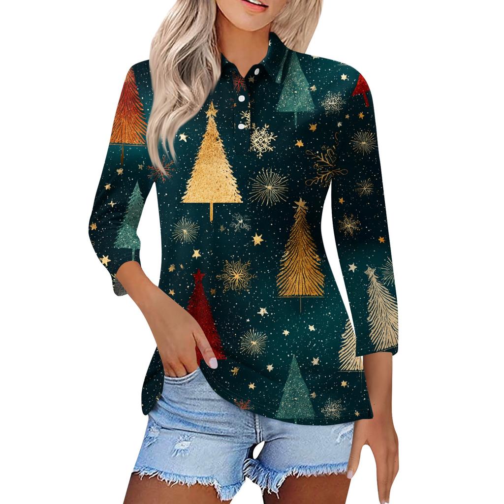 Women's Fashion Casual Lapel Short 3/4 Sleeve Christmas Print Shirt Women's Button Up Tops