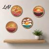 Multi-layer 3D Carving Decor 4Pcs Boho Sunset Wall Art Abstract Landscape Round Hanging Ornaments Unique Studio Decorations Wooden for Living
