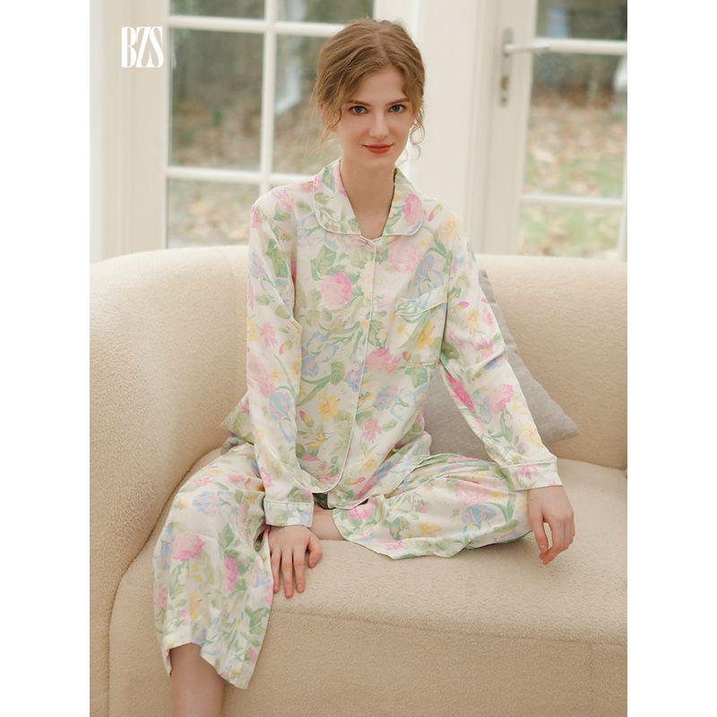 Summer 2024 New Minimalist Floral Pastoral Style Pajamas Two-piece Set Long Sleeves Pants Can Be Outerwear Homewear