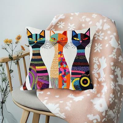 1pc Abstract Cat Digital Print Decorative Pillowcase, Soft and Comfortable Polyester Short Plush Fabric, Single-Sided Print, Pillow Insert Not Include