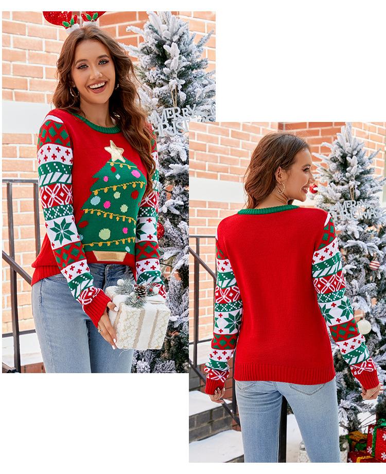 Women's Autumn and Winter Round Neck Sweater Christmas Knitted Pullover Letter Cartoon Thickened Sweater Long Sleeve Top