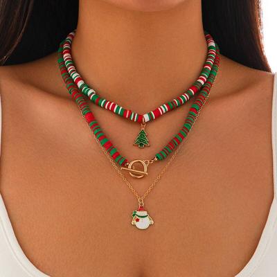 KunJoe 3Pcs/Set 2026 Christmas Tree Snowman Pendant Necklace Women Polymer Clay Red Green Beaded Choker Christmas Gift