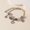 Pink Crystal Petal Heart Pendant And Glued Rhinestone Flower Charm Beaded Bracelet