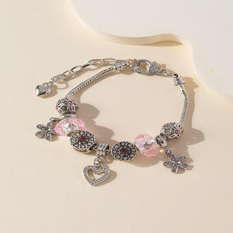 Pink Crystal Petal Heart Pendant And Glued Rhinestone Flower Charm Beaded Bracelet
