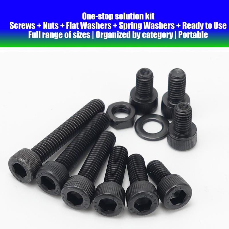 370pcs/12.9 Grade Black Hex Socket Head Cap Screws, Nuts, and Flat Washers Set; DIN912 Metric Bolt Fastener Set; M4 and M5 Bolts